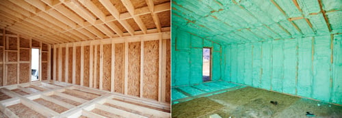 Preview: Photo collage before and after thermal insulation room in wooden frame house.