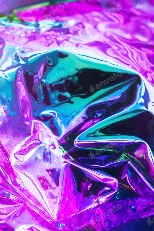 Preview: Abstract background shiny crumpled hologram with sparkles. Trendy neon textured background