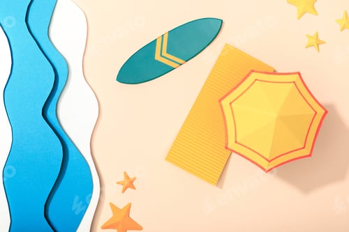 Preview: top view of paper beach with yellow umbrella and on sand near ocean, green surfboard and starfishes