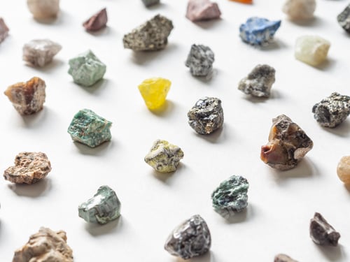 Preview: Colorful various uncut and raw mineral stones, gemstone and healing stone collection