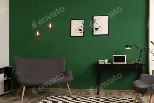 Preview: Modern living room interior with workplace near green wall