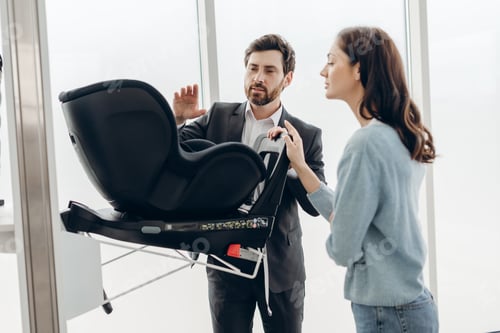 Preview: Shop assistant showing baby car seat to pregnant customer