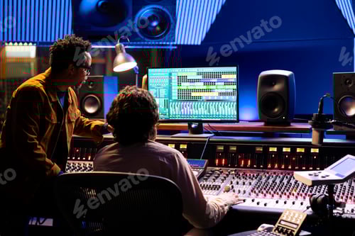Preview: Singer and producer work on soundboard controller at recording studio station