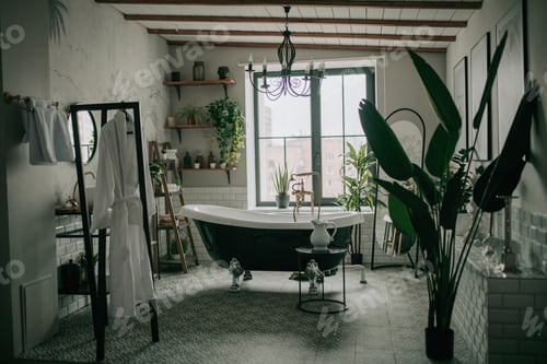 Preview: Luxury interior of eco style modern bathroom with oval bathtub and accessories at natural lighting