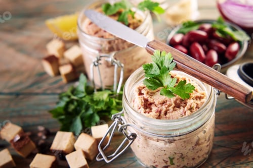 Preview: Top view of red beans and herbs in glass jars on the wooden table