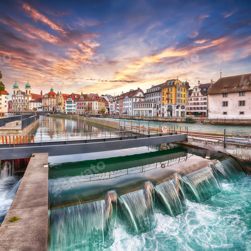 Preview: Astonishing historic city center of Lucerne with famous buildings and lake Jesuitenkirche Church.
