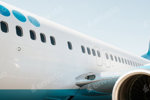 Preview: Close-up of an airplane on the runway, row of windows outdoors