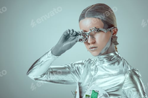 Preview: futuristic silver cyborg adjusting eye prosthesis and looking at camera isolated on grey, future