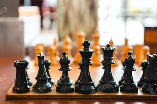 Preview: Chessboard with black figures in foreground, sharp focus