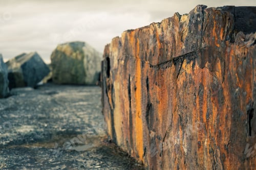 Preview: an old rusty rusted concrete fence that looks like it is on a beach