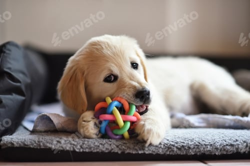 Preview: Golden retriever dog puppy playing with toy