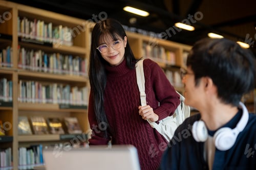 Preview: Glasses asian woman student standing looking at man friend sitting in front of a laptop in library.