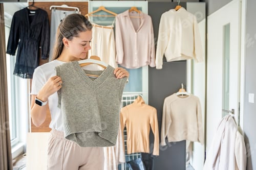 Preview: Young woman stands in front of a wardrobe filled with hanging outfits, holding clothing against