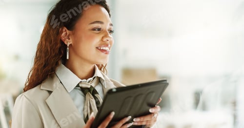 Preview: Happy woman, thinking and tablet at window for business, career opportunity and space in office. Em