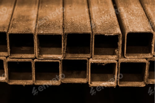 Preview: Square iron pipes. Side view, indoors horizontal shot.