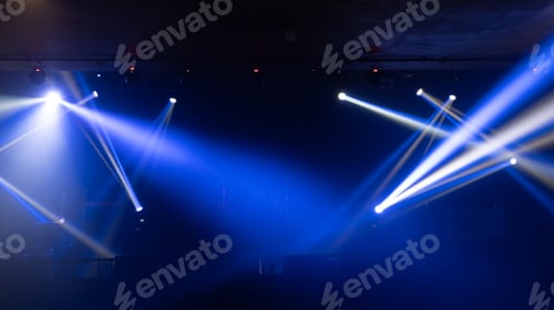 Preview: Empty stage concert with lighting laser beam spotlight show in disco pub club bar for party music