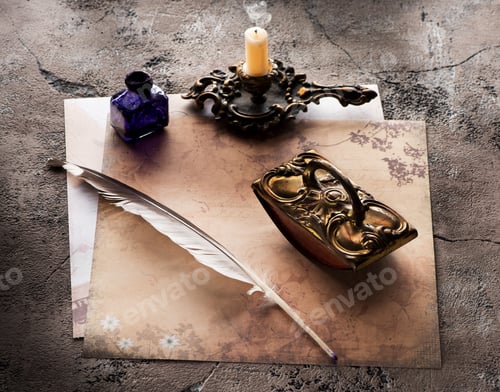 Preview: Vintage books, press papier, paper, pencil, quill pen and ink. Still life with items for writing