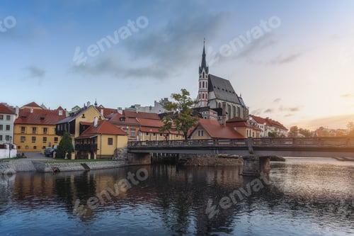 Preview: Cesky Krumlov skyline with Church of Saint Vitus and Vltava River at sunset - Cesky Krumlov, Czechia
