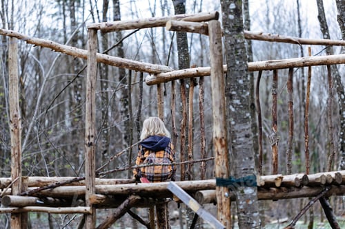 Preview: A blonde child is playing in the forest in a fort built by scouts
