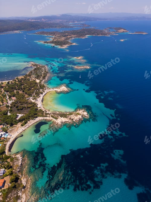 Preview: Aerial view of an island on Sithonia Peninsula, Greece, with beaches and rocks, surrounded by