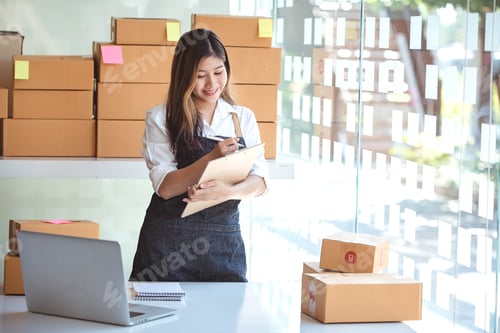 Preview: Small start-up business owners using computers at work, freelancers, saleswoman, checking production