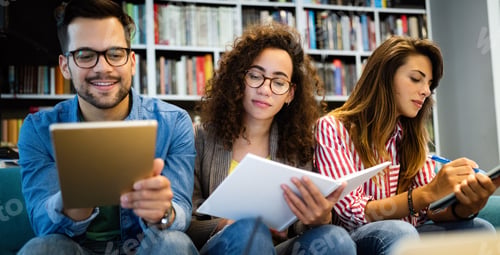 Preview: Group of happy students reading books and preparing to exam in library