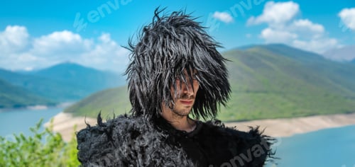 Preview: A Georgian man in a hat against the background of mountains and the sky. Selective focus.