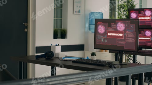 Preview: Multiple monitors displaying computer malfunction and security breach