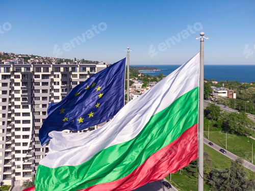 Preview: European Union and Bulgaria flags Against City Varna at summer day