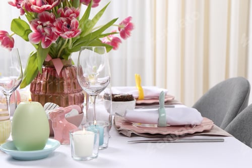Preview: Festive table setting with beautiful flowers. Easter celebration