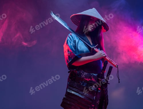 Preview: Futuristic female samurai with sword inside studio