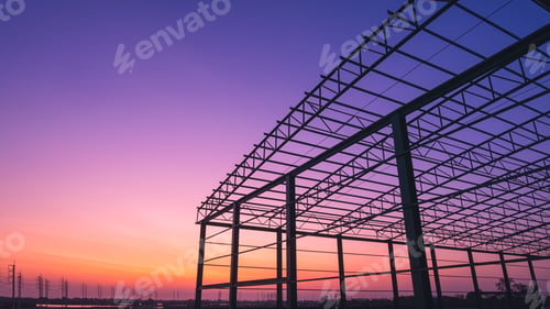 Preview: Silhouette metal warehouse building structure in construction site against colorful twilight sky