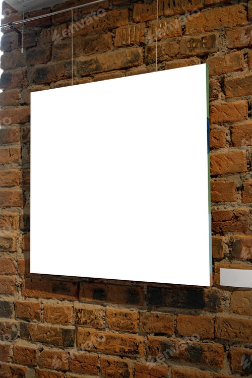 Preview: Blank picture frames on brick wall with glowing lamp, mock up