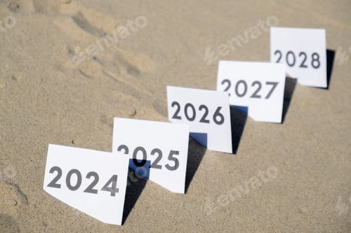 Preview: Paper cards with numbers of years from 2024 to 2028 in a row. New year start concept. Resolution