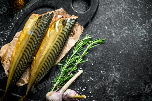Preview: Smoked mackerel on a cutting Board with rosemary and garlic.