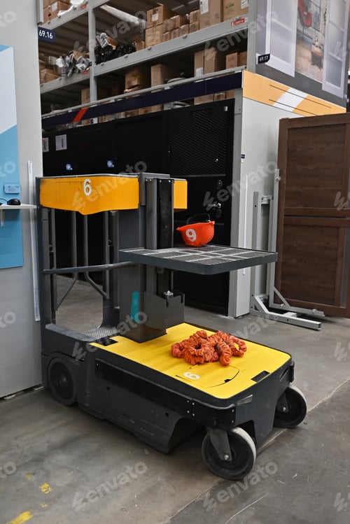 Preview: The pallet truck is insulated on white. Industrial car. A forklift truck. Side view of an electric