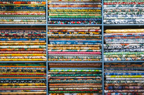Preview: of a folded bright and colorful fabric colors in the display of a retail store or atelier