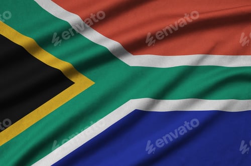 Preview: South Africa flag is depicted on a sports cloth fabric with many folds. Sport team waving banner