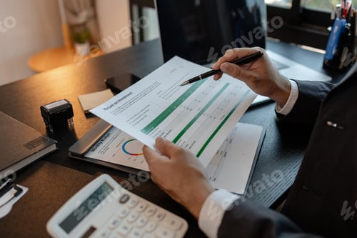 Preview: a businessman reviews the company's financial documents in his office