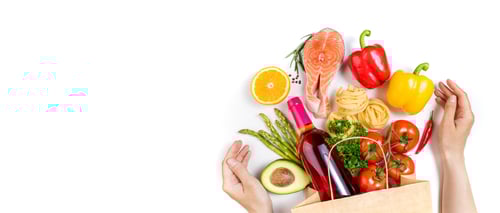 Preview: Healthy food in paper bag fish, pasta, vegetables, fruits and wine on white background