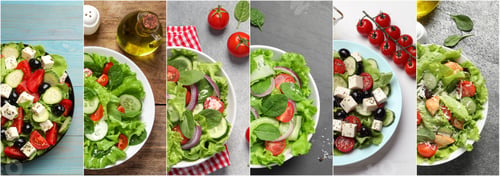 Preview: Many different salads on tables, top view. Set