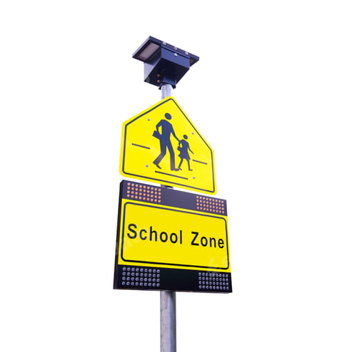 Preview: Flashing light with traffic security school signpost isolated on white background with clipping path