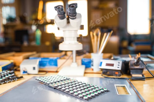 Preview: Modern microscope, Panel of LED light indicators is in the production
