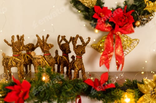 Preview: Christmas ornaments in the form of small reindeer. Christmas ornaments on chimney.