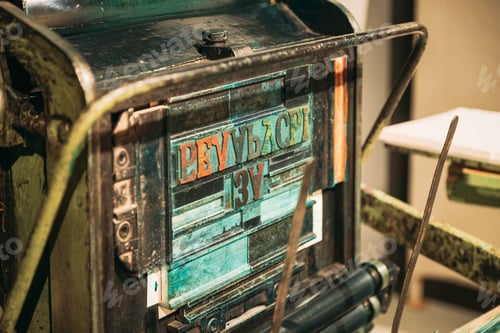 Preview: Typesetting Linotype Machine, Imprint. Paper Mill Museum. Detail. Historical Heritage
