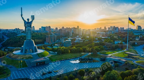 Preview: Aerial view to the Motherland statue in the Kiev while summer sunset.