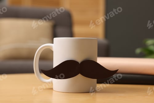 Preview: Happy Father's Day. Cup with paper moustache and books on wooden table indoors, closeup