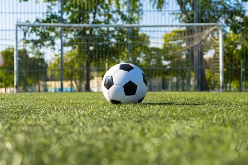 Preview: Soccer ball resting on lush green field in front of goal post