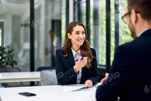 Preview: A smiling businesswoman interviewing a man in her office, elegantly dressed.