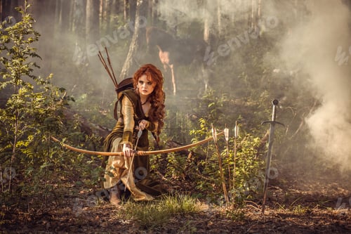 Preview: Fantasy medieval woman hunting in mystery forest